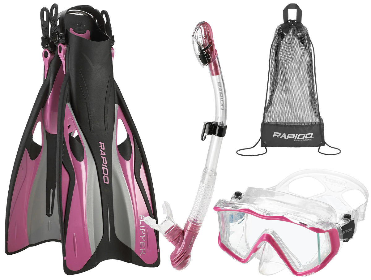 Snorkel Mask with Adjustable Flipper Fins and Dry Snorkel Set Travel Bag A396168
