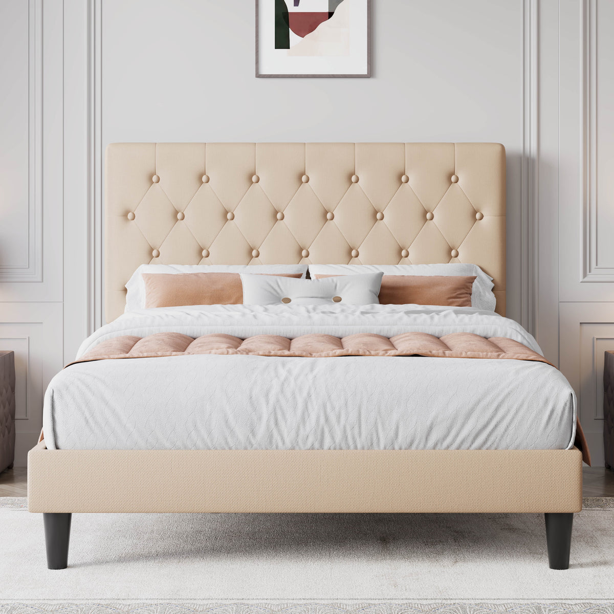 Black Queen Size Platform Bed Frame with Adjustable Tufted Headboard Z15807