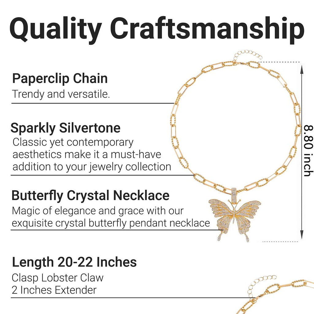 White Crystal Goldtone Butterfly Pendant Necklace 20-22" W25169