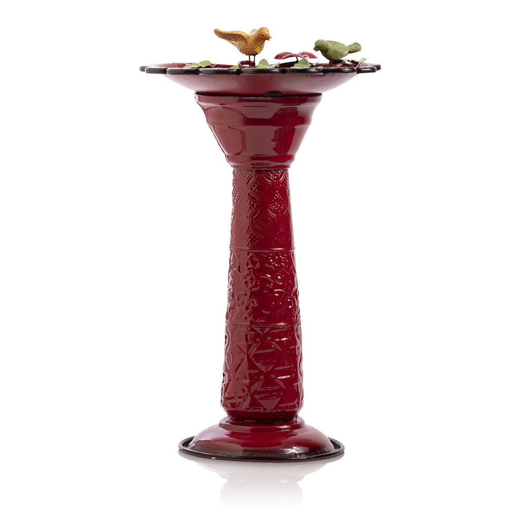 28-Inch Metal Bird Bath with Birds and Leaves, Red B4443