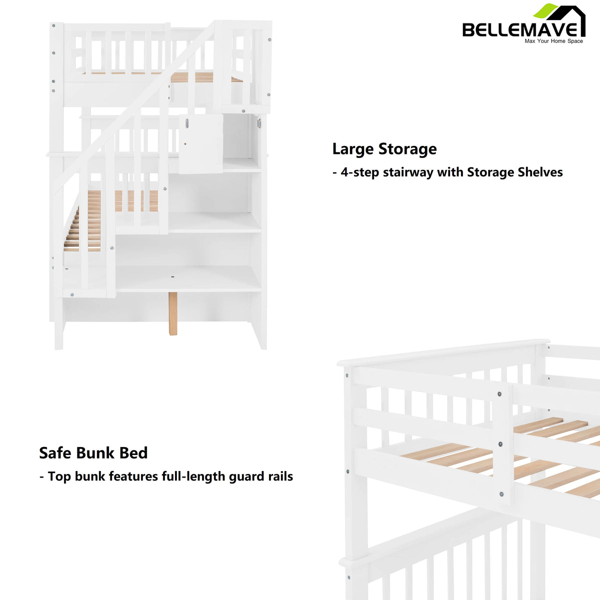 Twin Over Twin Bunk Bed with Storage Stairs and Guardrail, White W127440