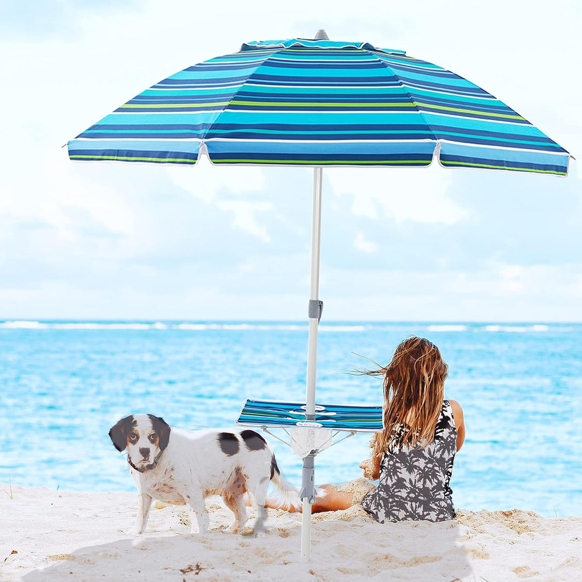 6.5FT SPF50+ Beach Umbrella with Table and Sand Anchor Q42155