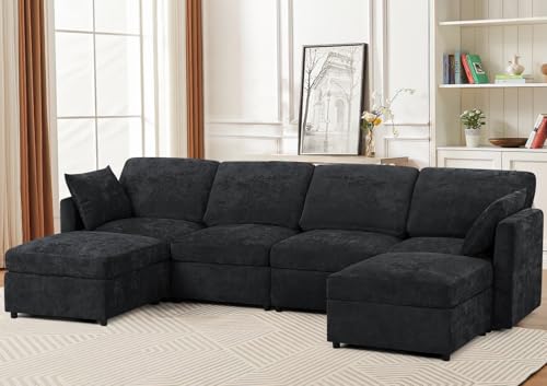 Blue Chenille 3-Seater Sectional Sofa with Ottoman E8318