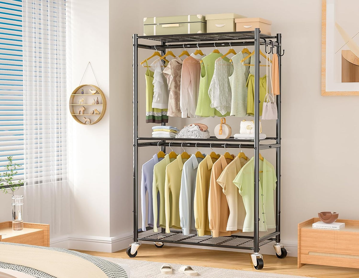 Heavy Duty Metal Rolling Clothes Rack with Double Rods & 3 Wire Shelves V506802