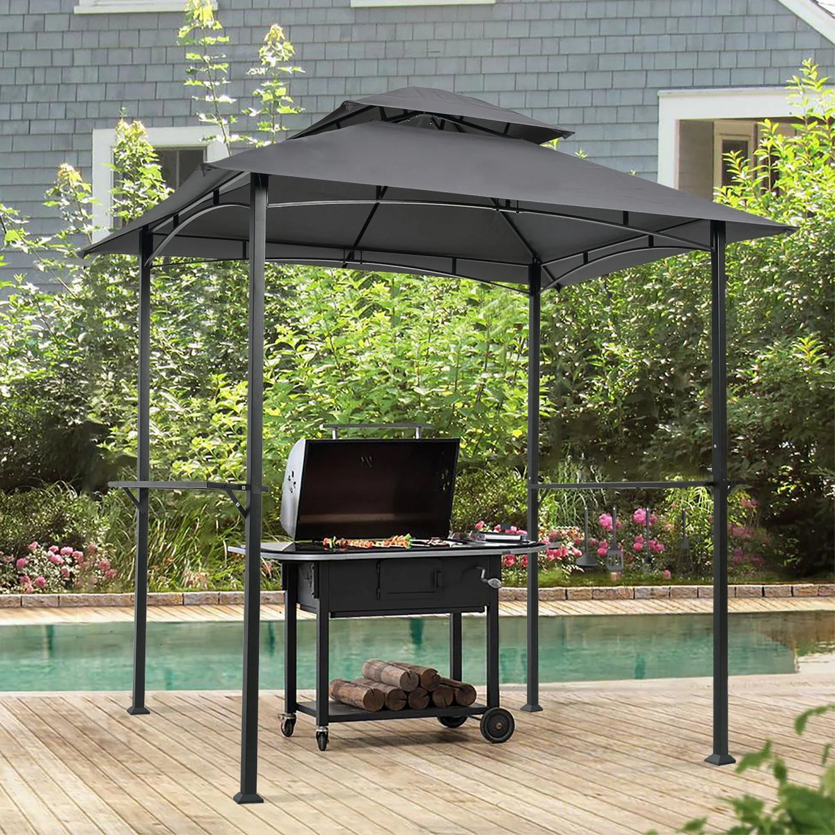 Double Tier Steel Frame BBQ Grill Gazebo Canopy with Bar Counters I983