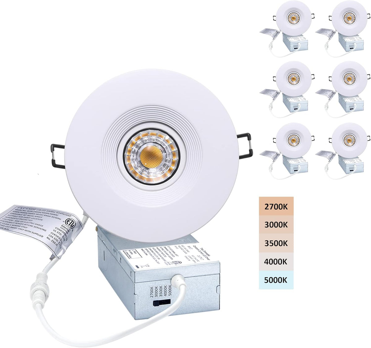 3 Inch Canless Recessed Gimbal Downlight 5 CCT Dimmable White Round Trim 6 Pack J78725