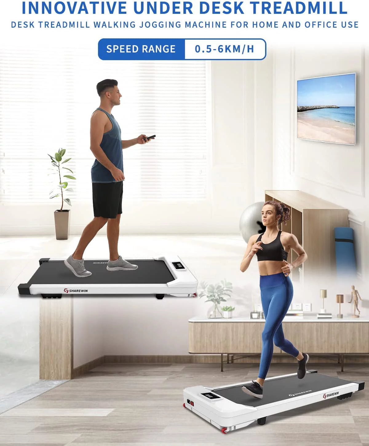 White Under Desk Treadmill 300 lb Capacity with Remote Control and LED Display Z8303