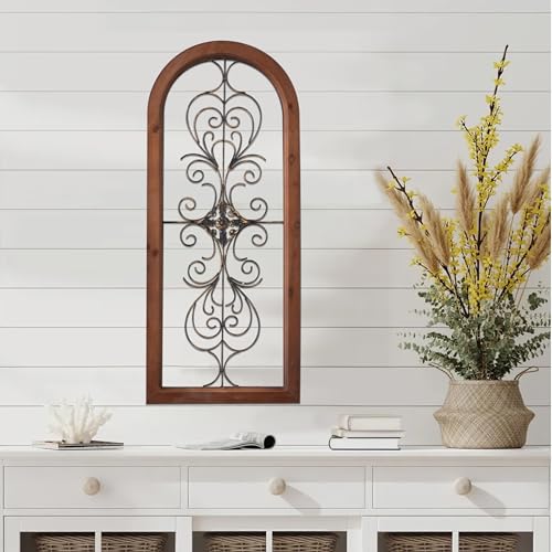 Vintage Metal Wall Art 13 X 32 Inches, Handmade Distressed Wooden Wall Panels with Carved Wrought Iron Z82206