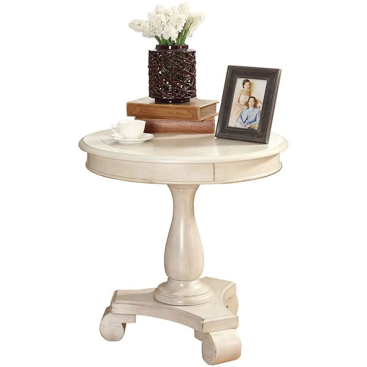 White Round Wood Pedestal End Table E7459