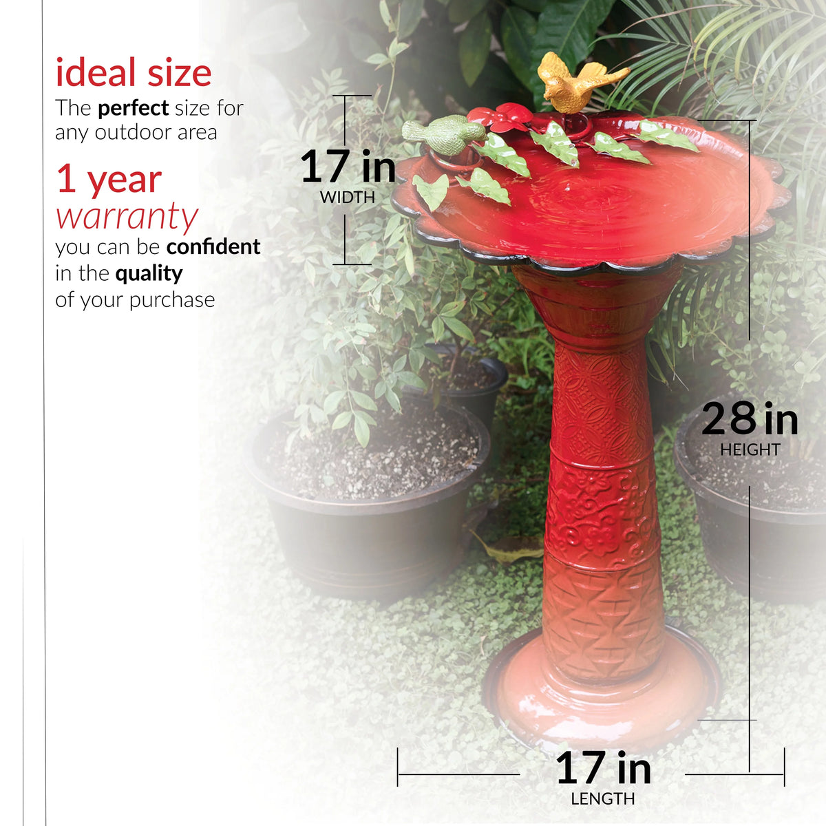28-Inch Metal Bird Bath with Birds and Leaves, Red B4443