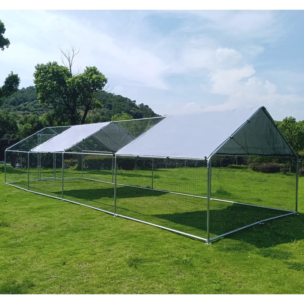 Large Chicken Run Coop 10x26ft Metal Hen House Poultry Cage with Cover Y350747