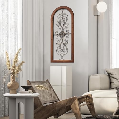 Vintage Metal Wall Art 13 X 32 Inches, Handmade Distressed Wooden Wall Panels with Carved Wrought Iron Z82206