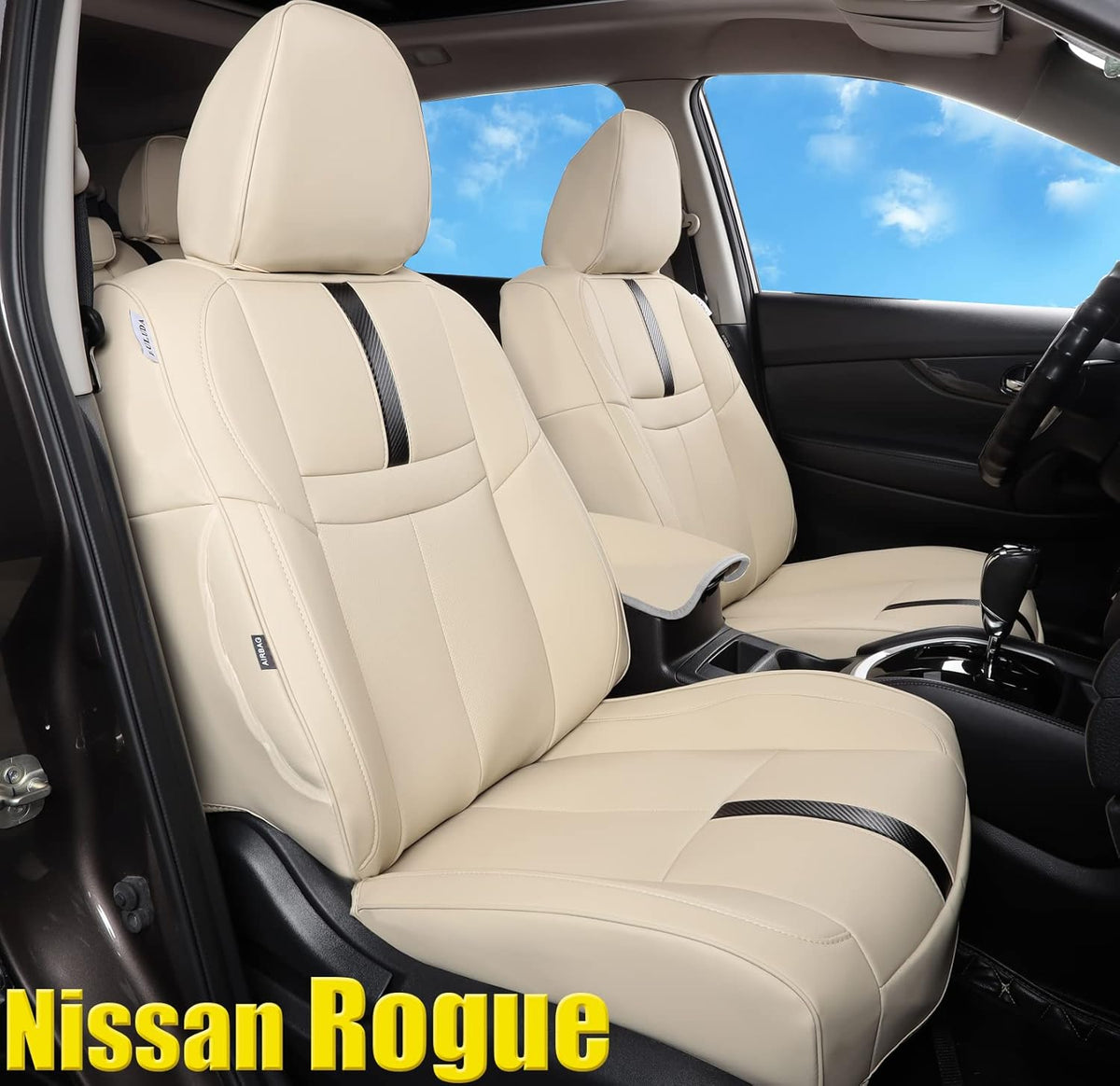 Beige Waterproof Faux Leather Car Seat Covers for Nissan Rogue Hybrid 2017-2019 F383220