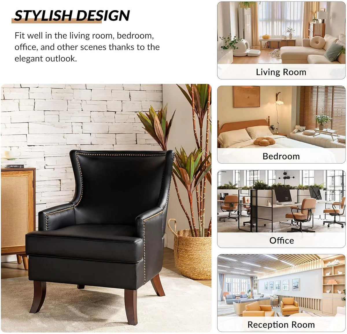 Black Faux Leather Wingback Accent Chairs Set Of 2 J3494