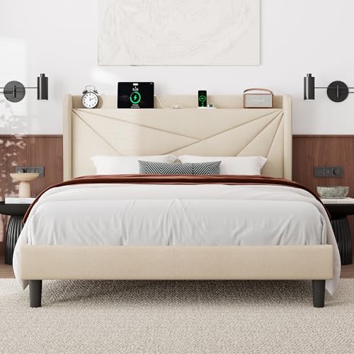 Black Queen Size Linen Upholstered Platform Bed Frame with Storage Headboard M145