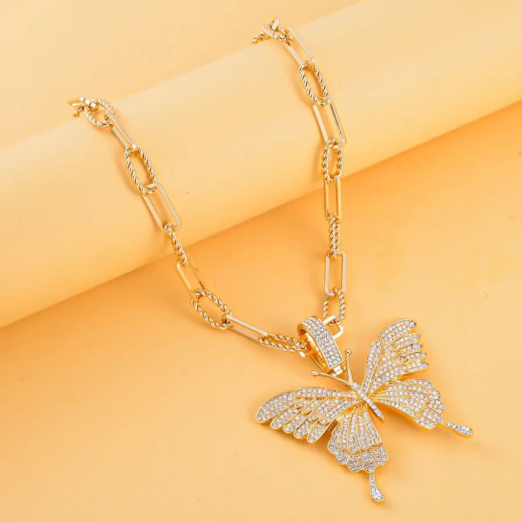 White Crystal Goldtone Butterfly Pendant Necklace 20-22" W25169