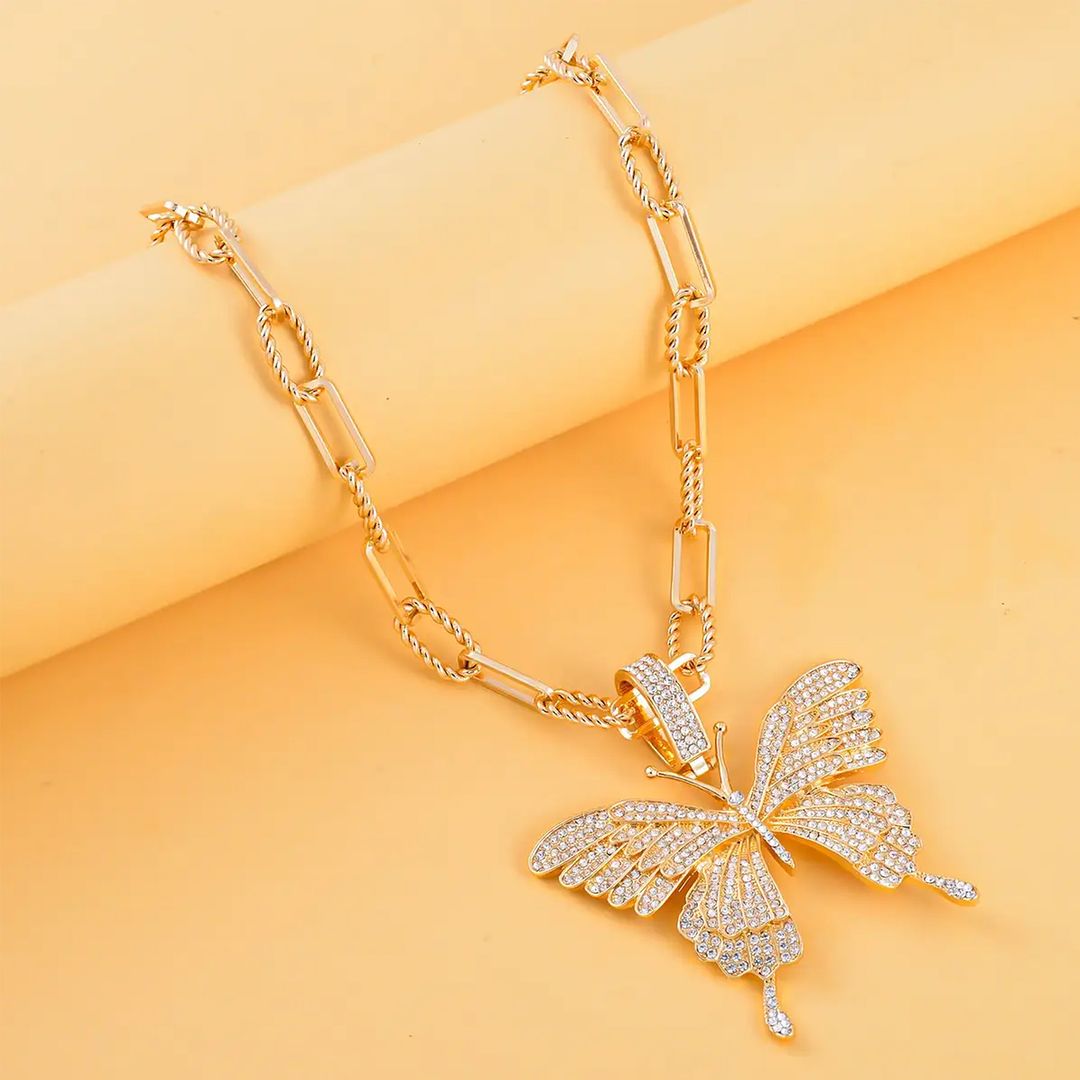 White Crystal Goldtone Butterfly Pendant Necklace 20-22" W25169