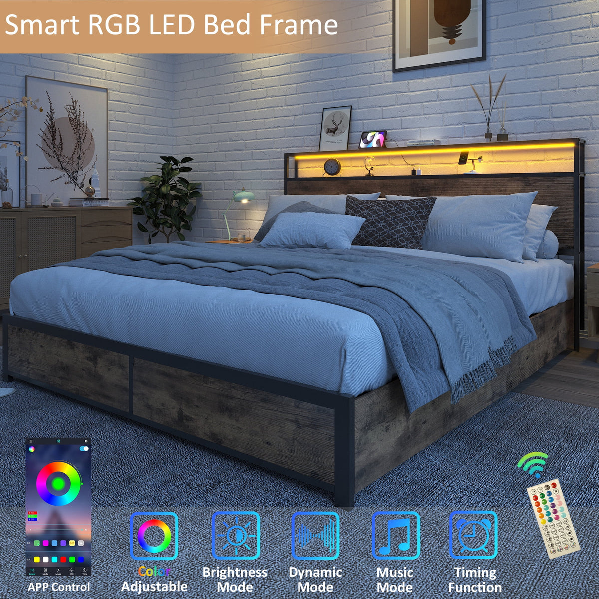 Queen Bed Frame with Headboard and Charging Station T5505