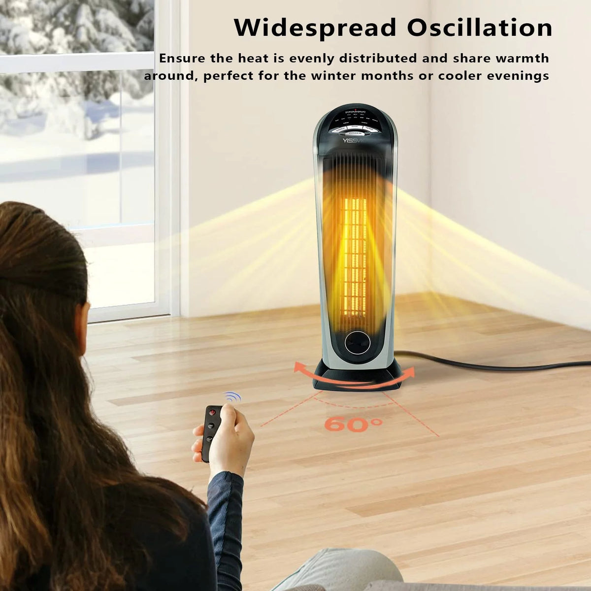 Oscillating Tower Space Heater with Adjustable Thermostat Timer & Remote Control, 22.5 Inches 1500W Grey/Black M73275