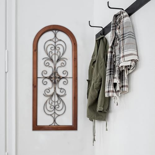 Vintage Metal Wall Art 13 X 32 Inches, Handmade Distressed Wooden Wall Panels with Carved Wrought Iron Z82206