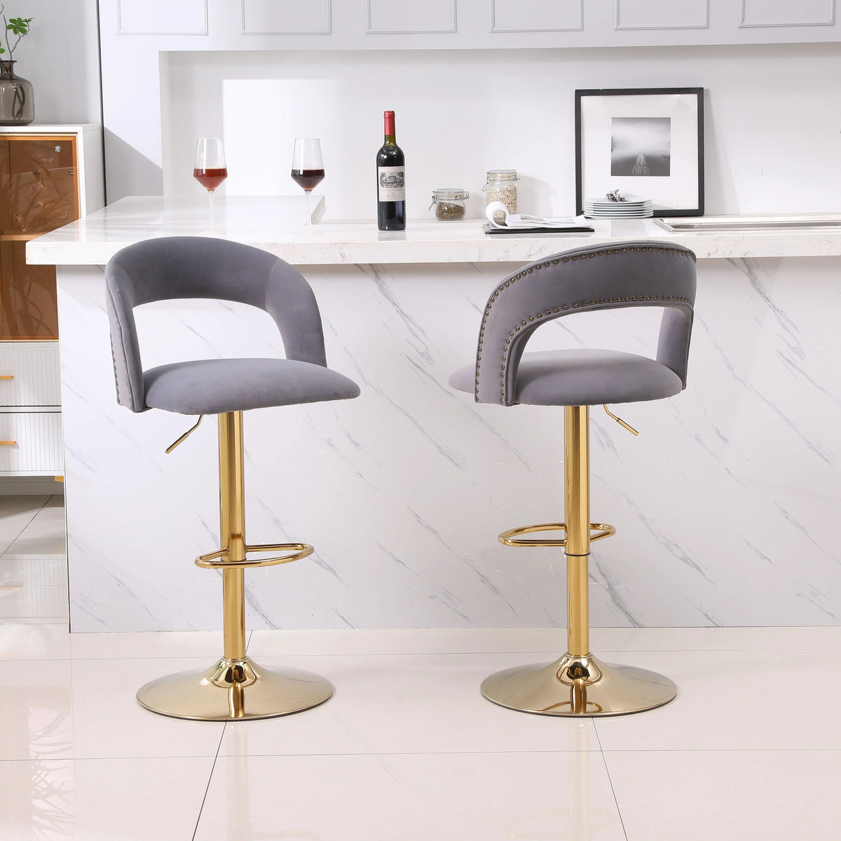 Gray Velvet Swivel Bar Stool Set of 2 Q140
