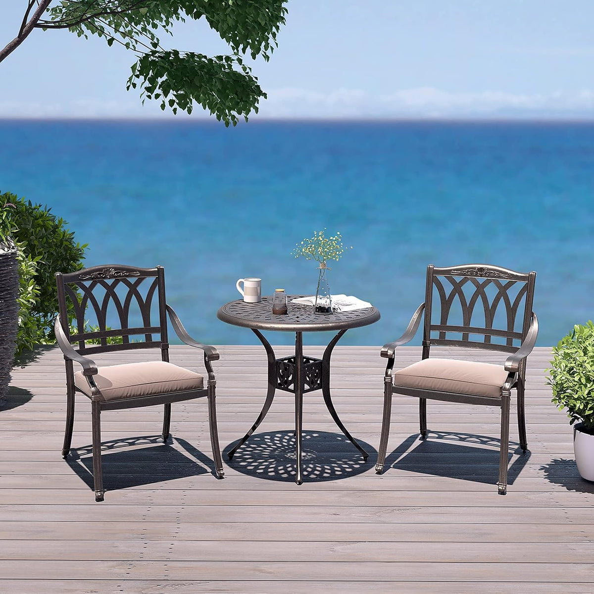 3 Piece Cast Aluminum Bistro Table Set with Umbrella Hole B479