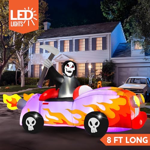 8ft Long Halloween Inflatable Grim Reaper Driving Car with Build-in LEDs B237