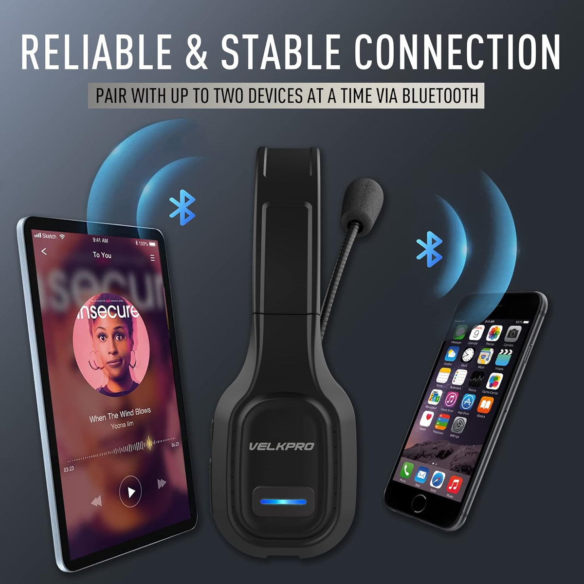 Wireless Headset with Microphone, Single-Ear Headphone with Adjustable Headband B333231