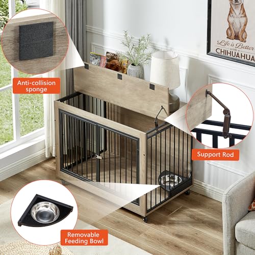 Large Dog Kennel Furniture with 1 Stainless Steel Bowls (43Inch Grey) A531876