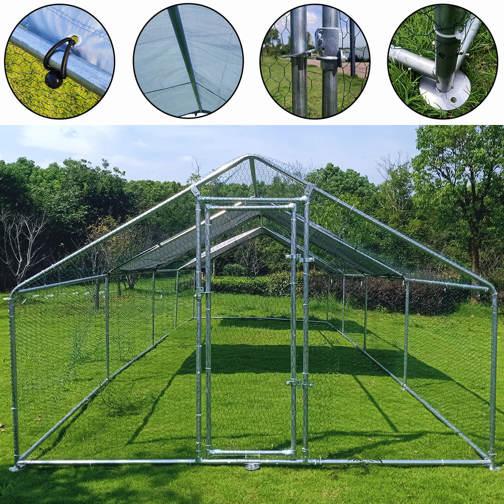Large Chicken Run Coop 10x26ft Metal Hen House Poultry Cage with Cover Y350747
