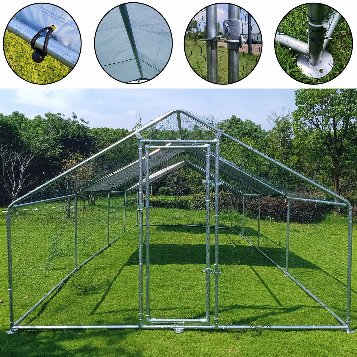 Large Chicken Run Coop 10x26ft Metal Hen House Poultry Cage with Cover Y350747