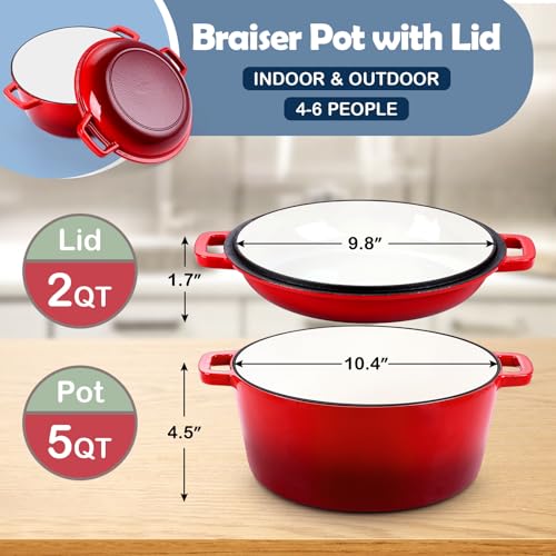 Red 5 QT Enameled Cast Iron Dutch Oven with 2 Quart Skillet Lid Pan U899