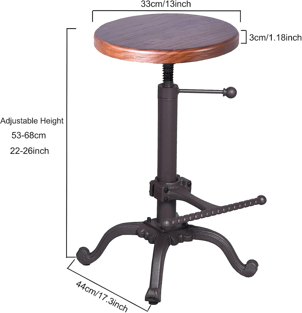 Rustic Swivel Adjustable 22-26 Bar Stool Cast Iron Wooden Brown R916