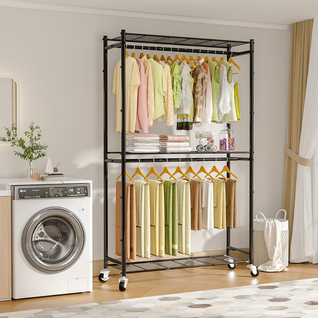 Heavy Duty Metal Rolling Clothes Rack with Double Rods & 3 Wire Shelves V506802