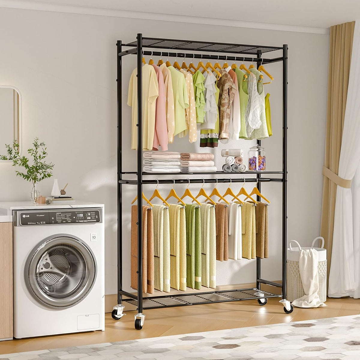 Heavy Duty Metal Rolling Clothes Rack with Double Rods & 3 Wire Shelves V506802
