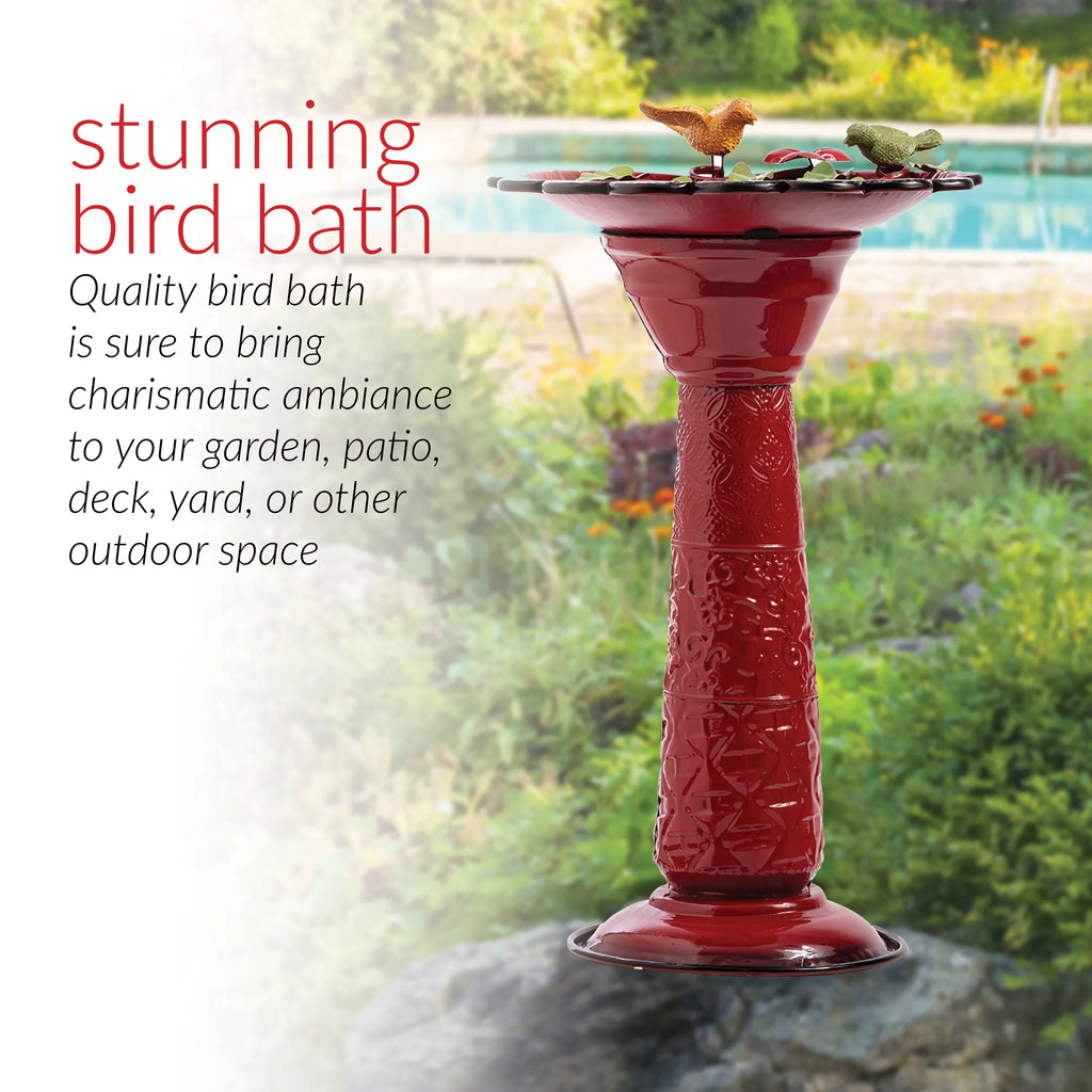 28-Inch Metal Bird Bath with Birds and Leaves, Red B4443