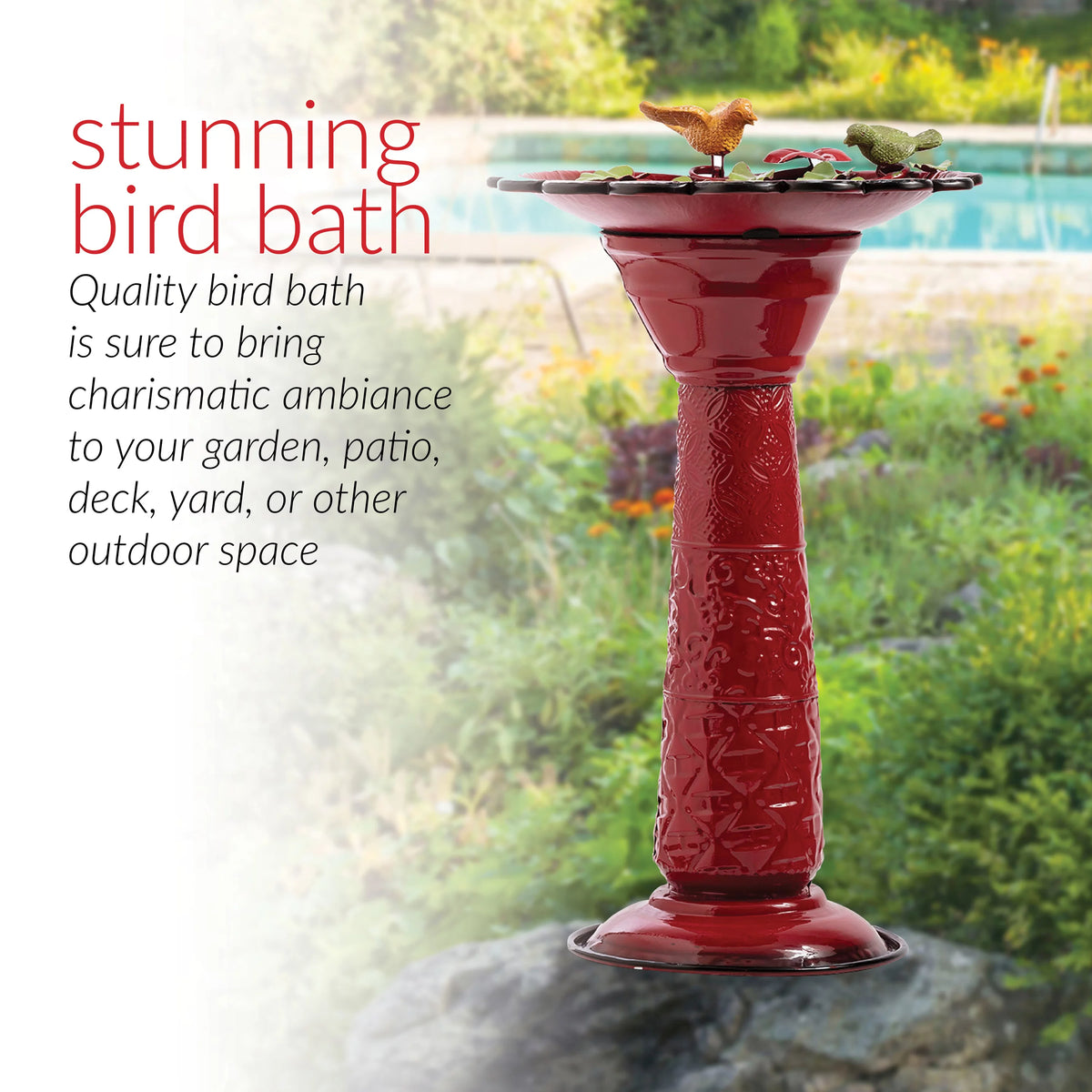 28-Inch Metal Bird Bath with Birds and Leaves, Red B4443