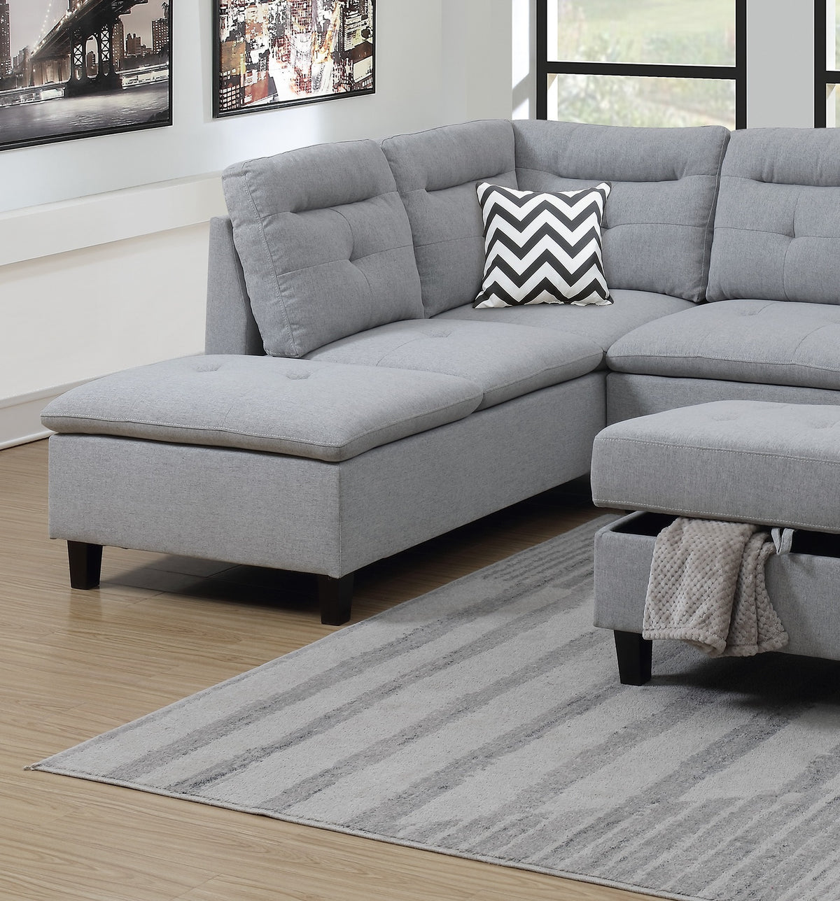 Grey Polyfiber Sectional Sofa with Ottoman and Storage Cushion Pillows A967312