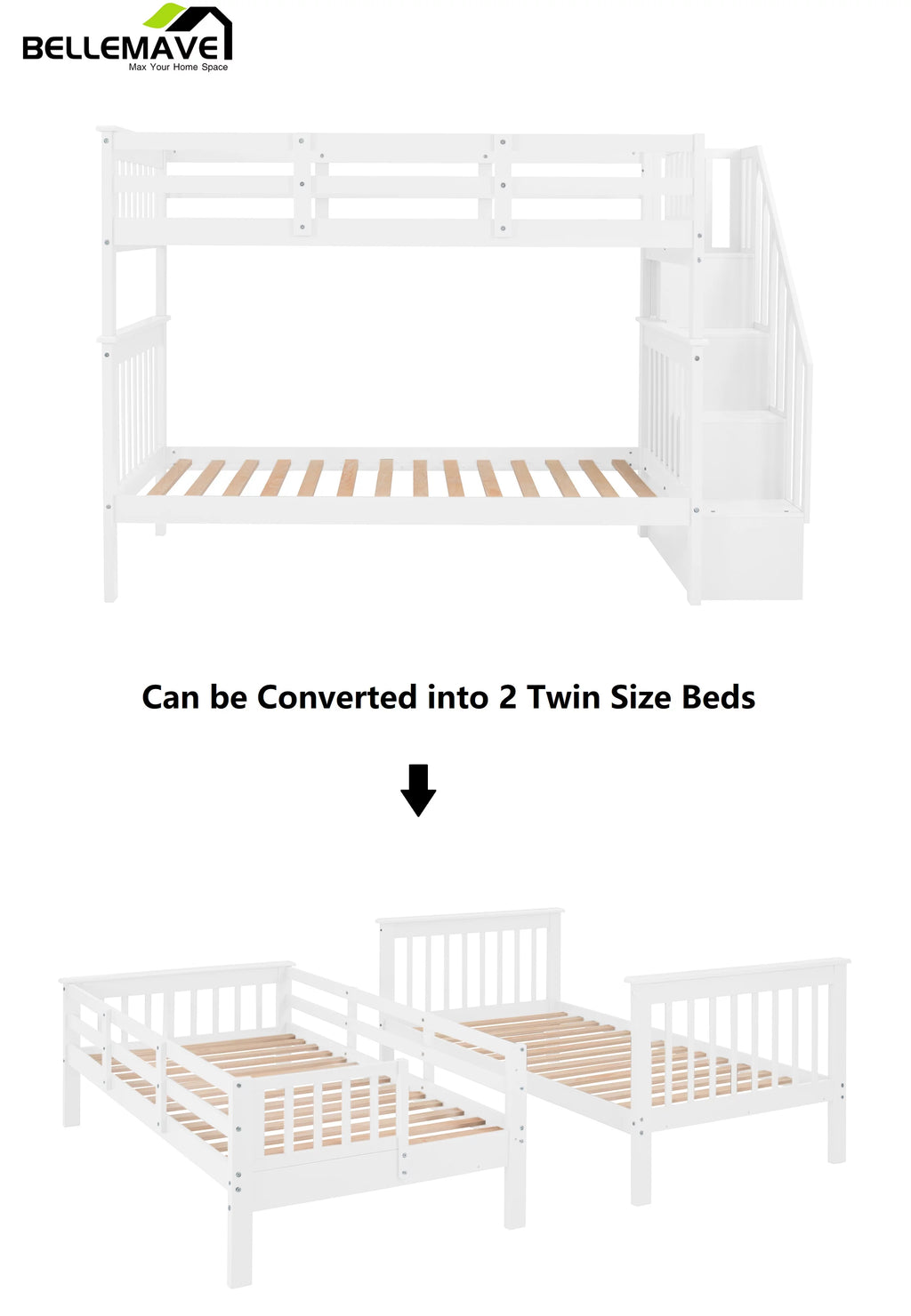 Twin Over Twin Bunk Bed with Storage Stairs and Guardrail, White W127440