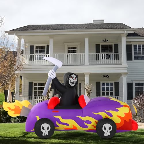 8ft Long Halloween Inflatable Grim Reaper Driving Car with Build-in LEDs B237