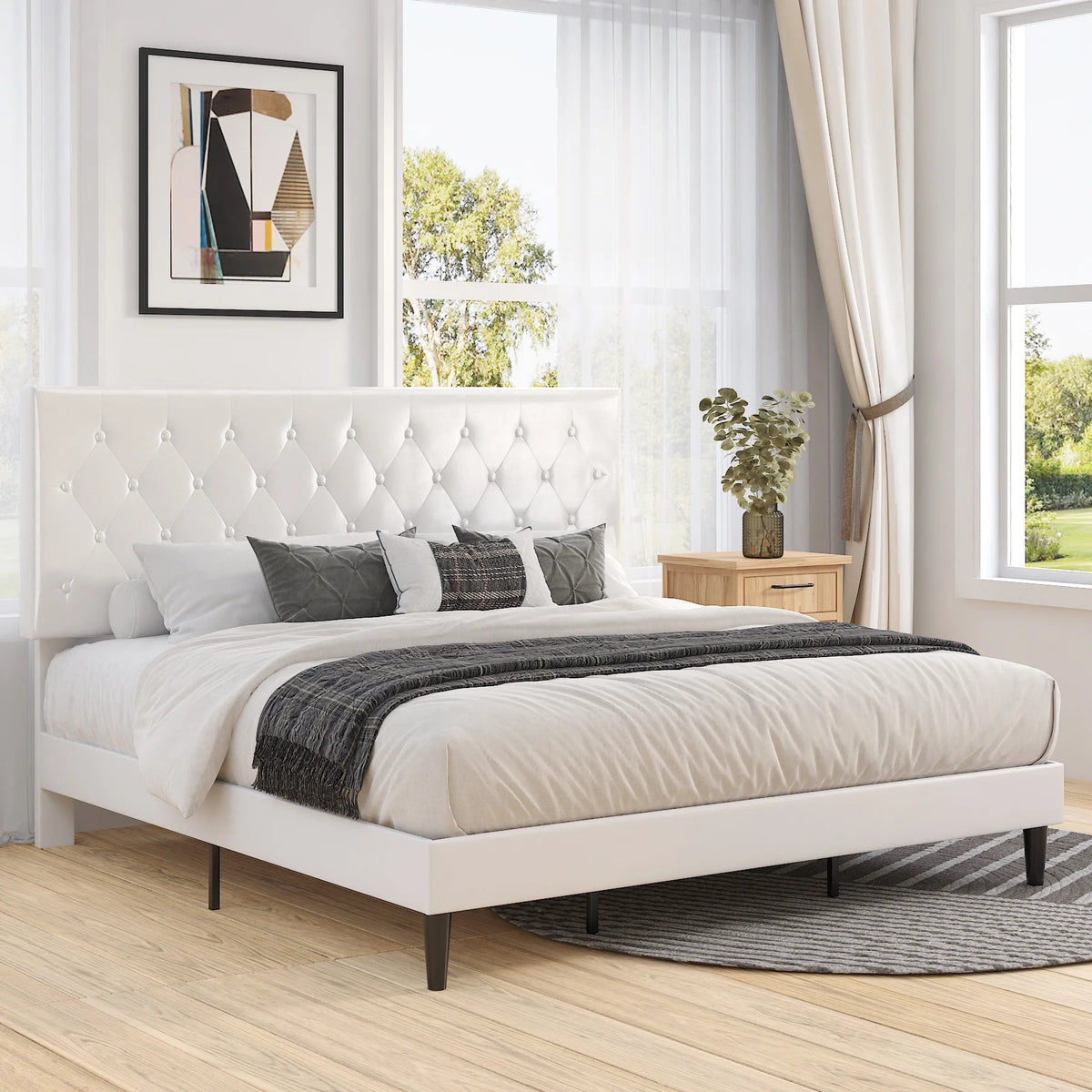 Black Queen Size Platform Bed Frame with Adjustable Tufted Headboard Z15807