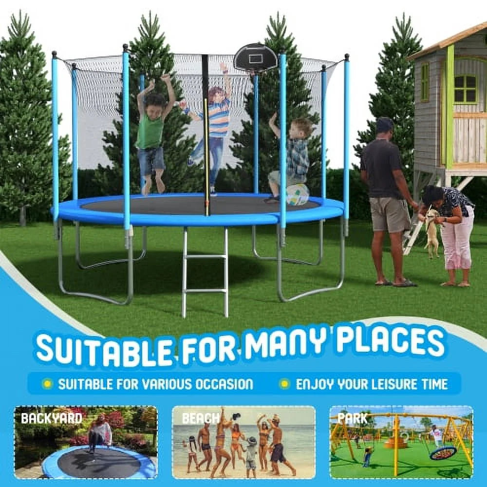 10FT Trampoline with Safety Enclosure Net, Basketball Hoop, Ball and Ladder M452752