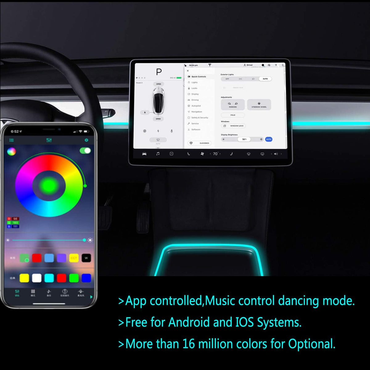 RGB Interior LED Strip Lights for Tesla Model 3/Y Center Console, Pack of 2 C290