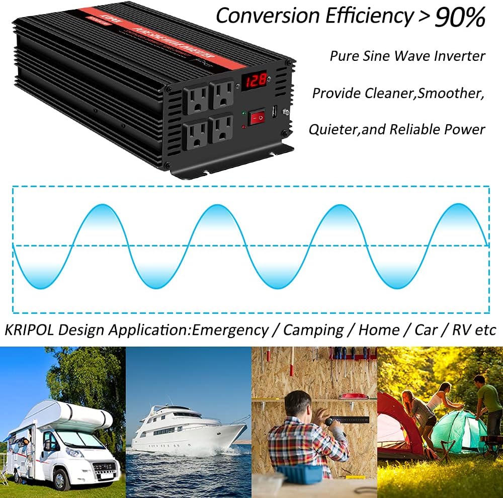 1500 Watt Pure Sine Wave Power Inverter 12V DC to 110V AC 60HZ with 4 AC Outlets and 1 USB Output P171398