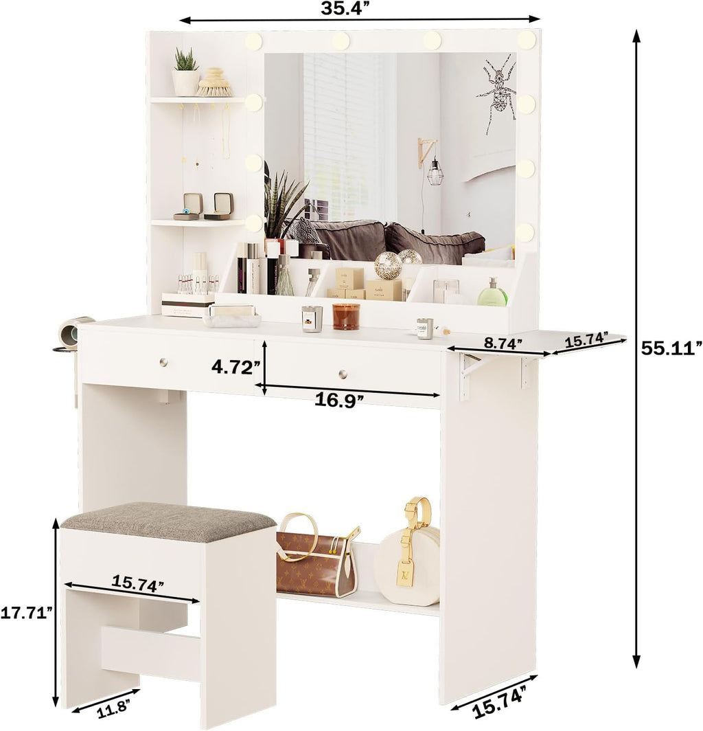 White Makeup Vanity Desk with Lights and Charging Station, 2 Drawers & Cushioned Stool H9921