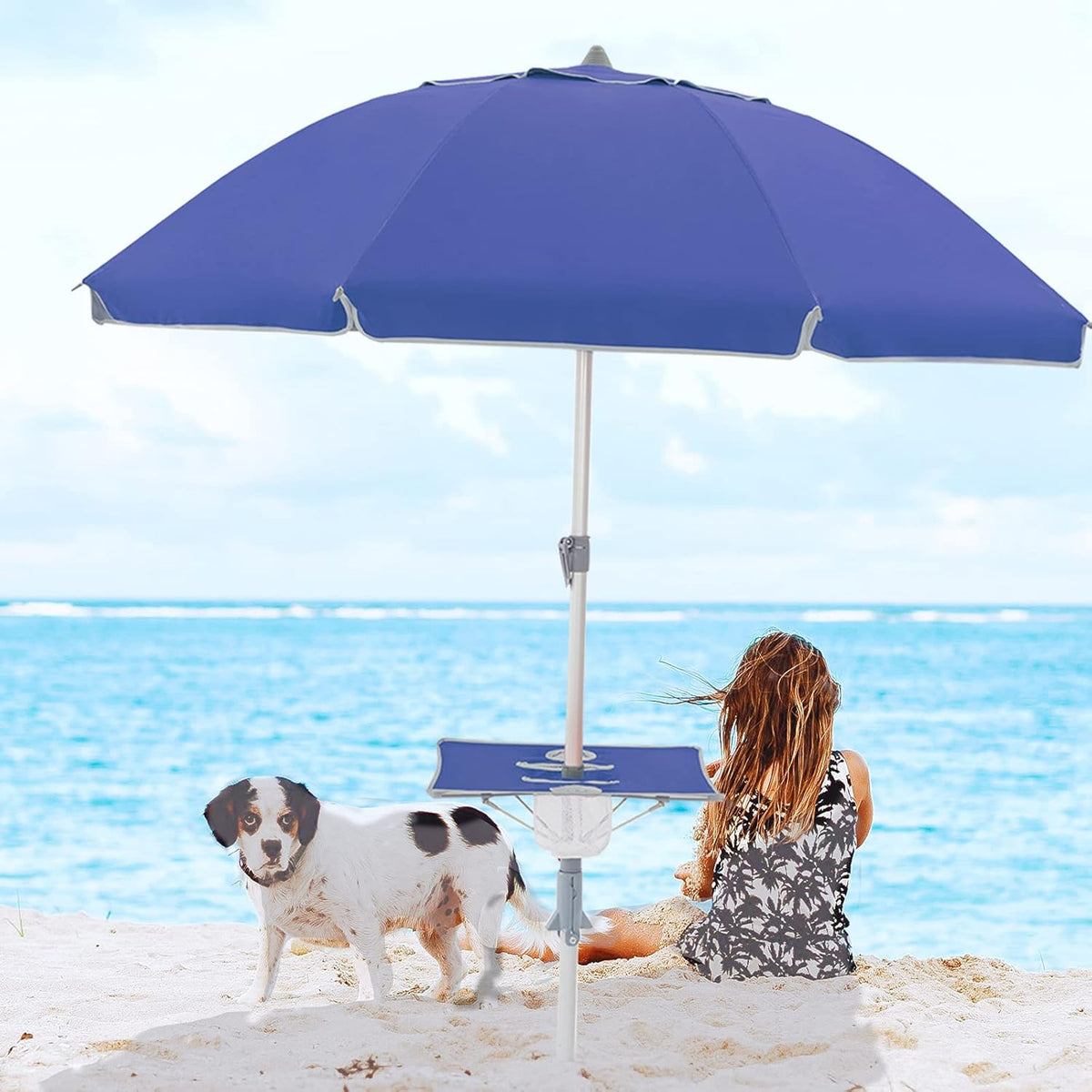 6.5FT SPF50+ Beach Umbrella with Table and Sand Anchor Q42155
