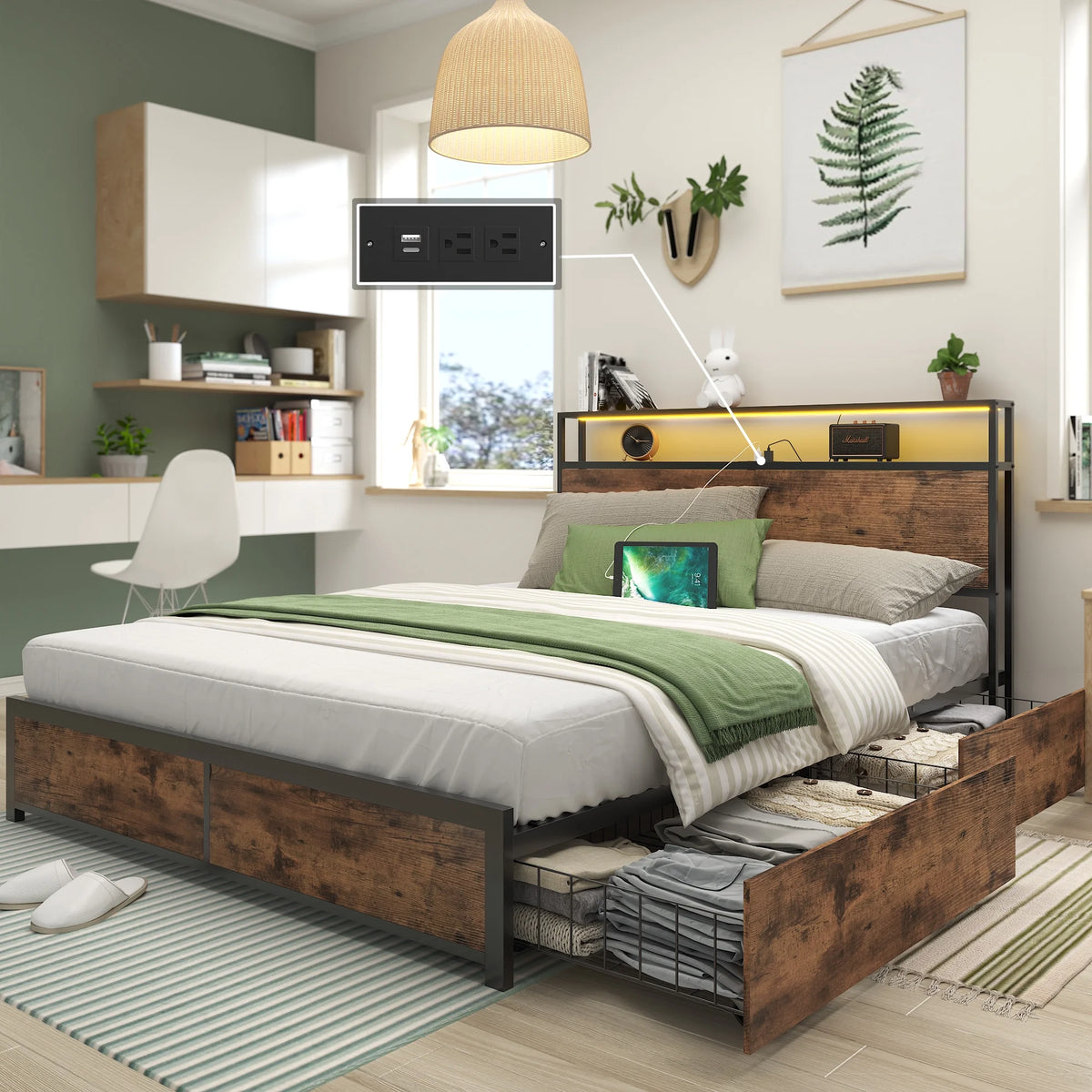 Queen Bed Frame with Headboard and Charging Station T5505