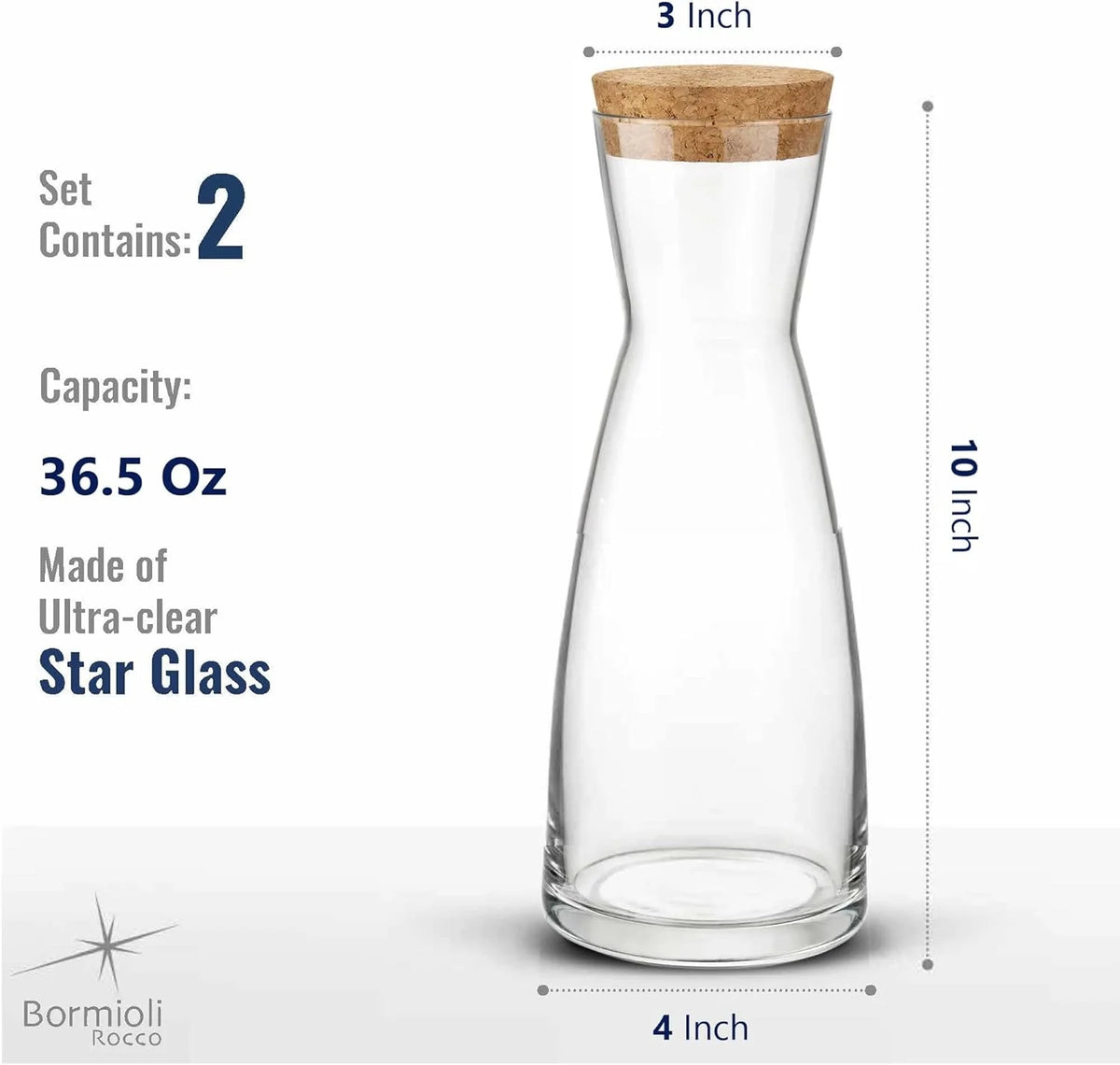 Set Of 2 Glass Carafe With Cork Lid, 36.5 Oz P2203