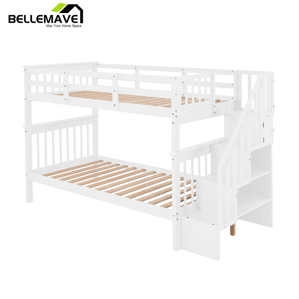 Twin Over Twin Bunk Bed with Storage Stairs and Guardrail, White W127440