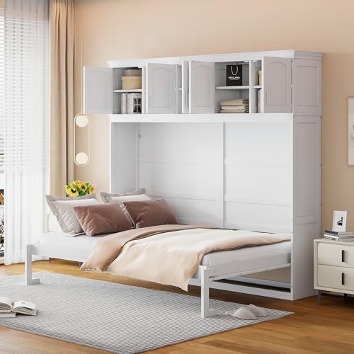 White Full Size Foldable Wall Bed with Storage Cabinet Y393